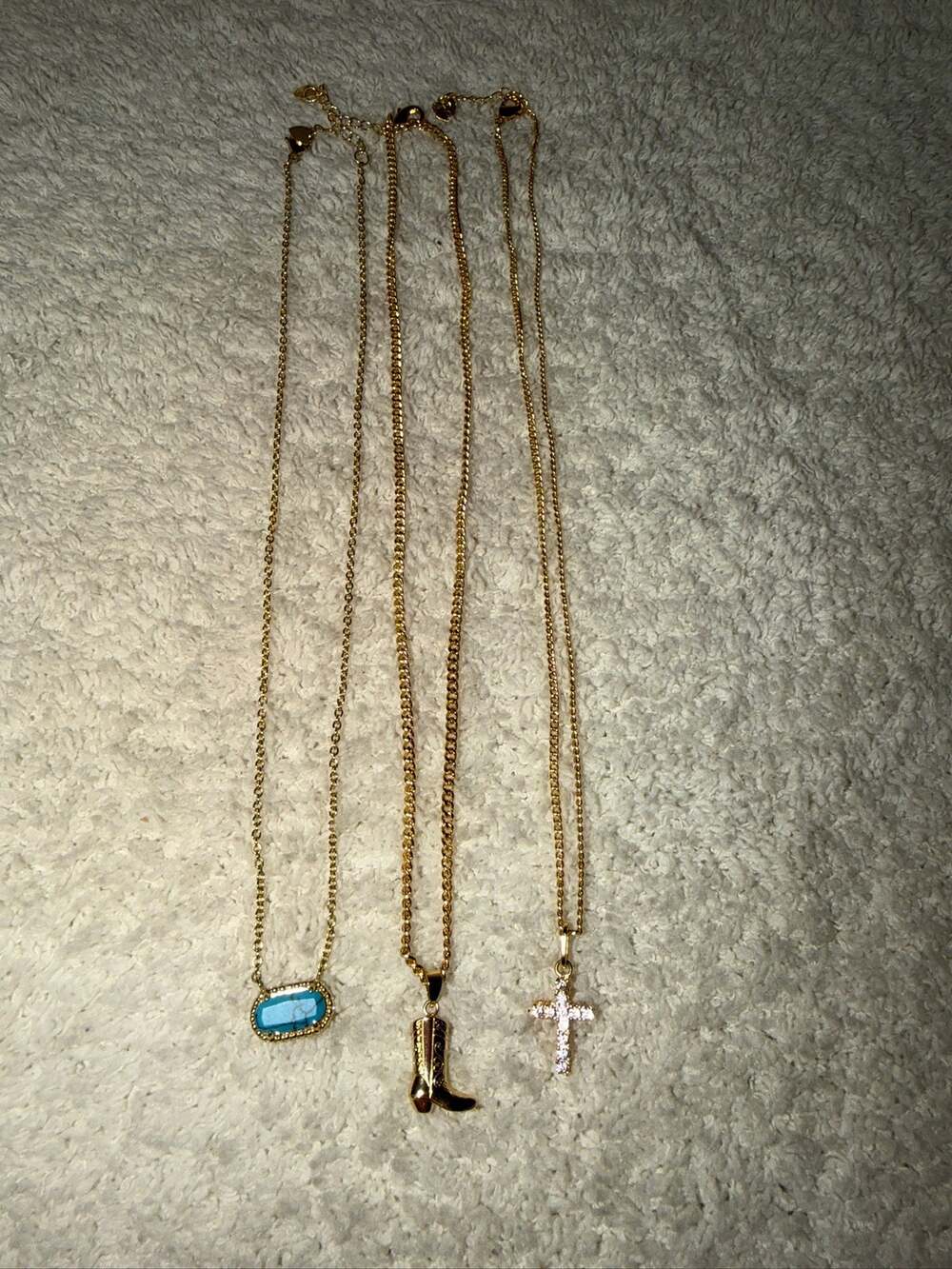 Lauren Evry Gold Tone Lot of 3 Necklaces Cowboy Boot Cross Gemstone Chain